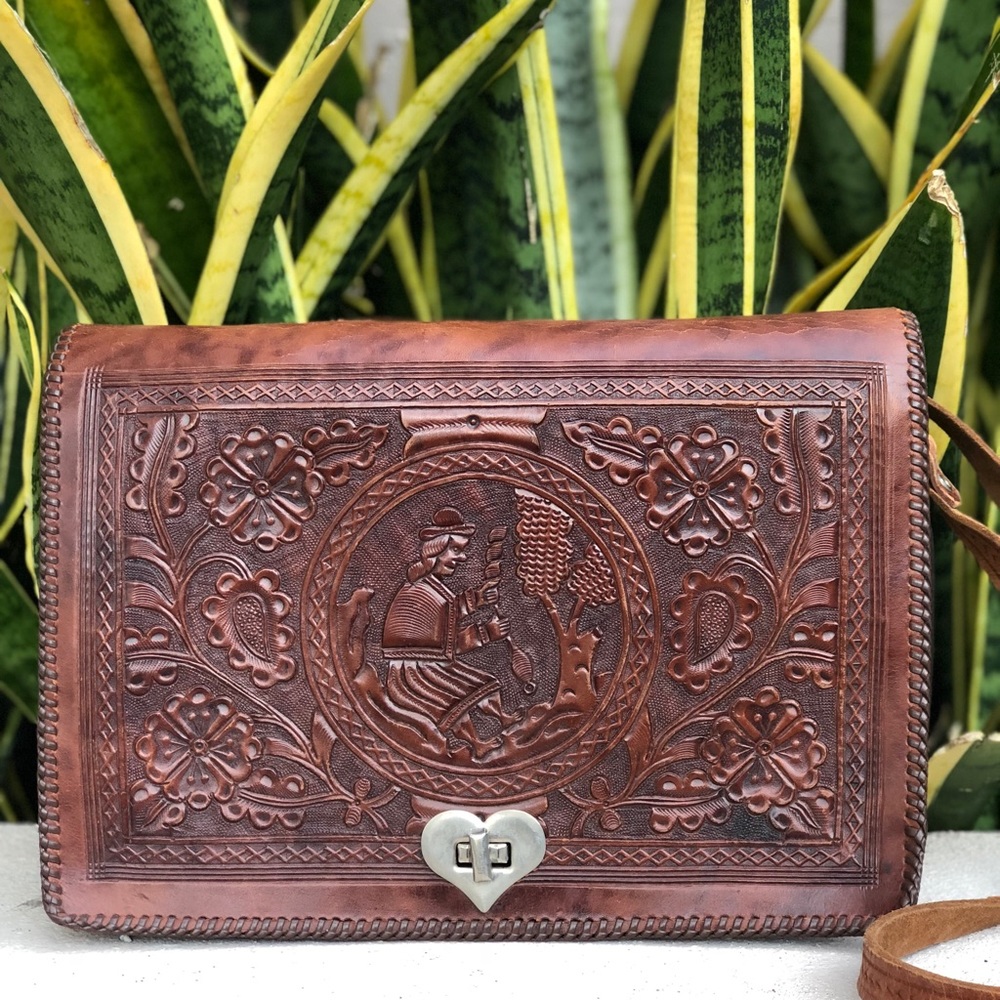 Tooled Leather Stitched Embossed Rose Floral Brown Purse Bag Vintage 70s 80s